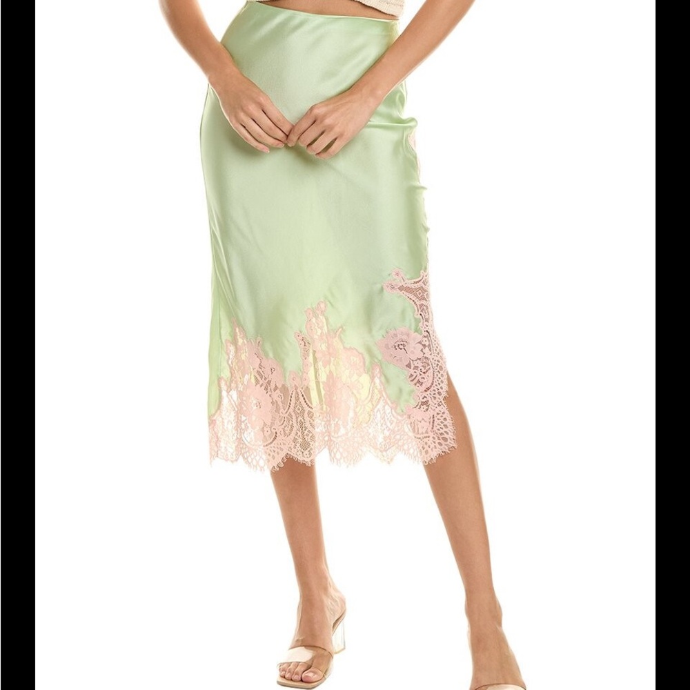 Alice + Olivia Tonia Midi Skirt Elegant Green Lace Trim Skirt